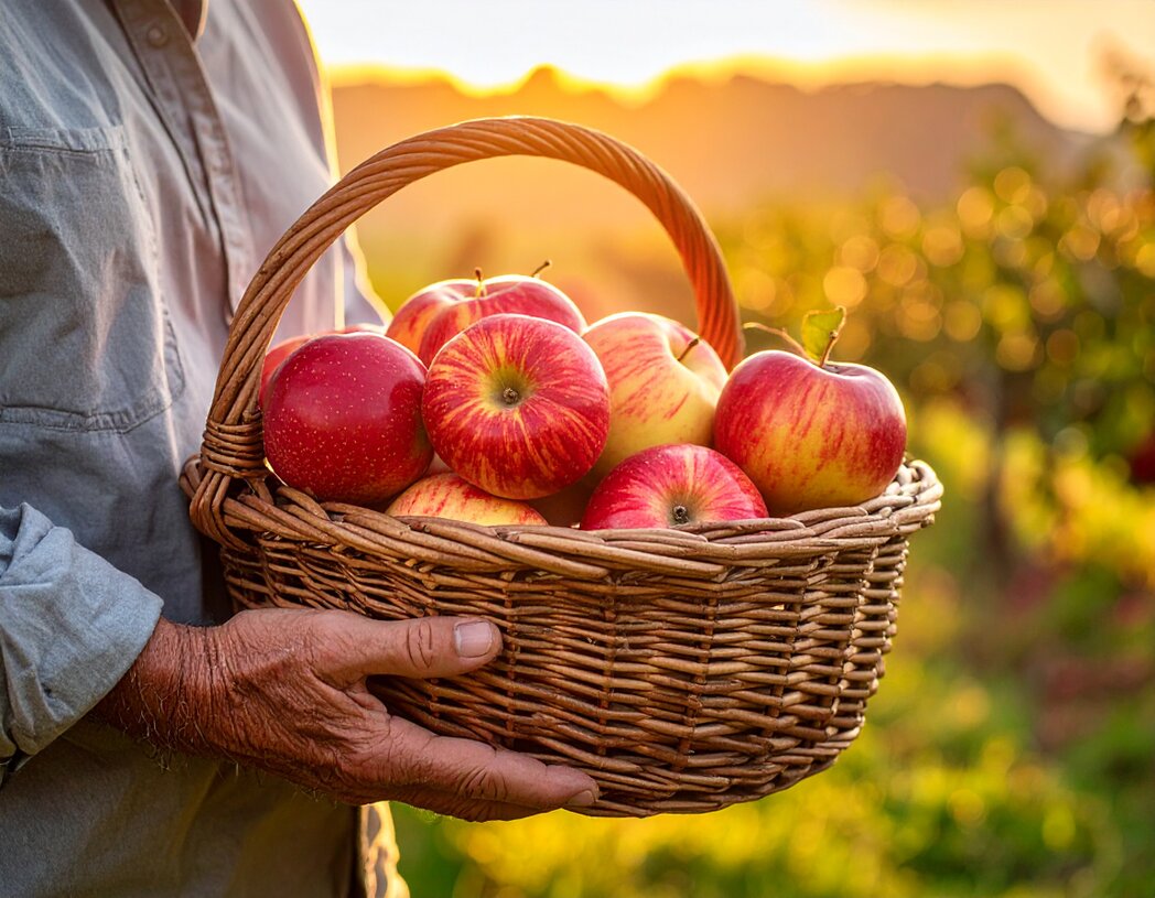 Familie erntet Äpfel im Garten